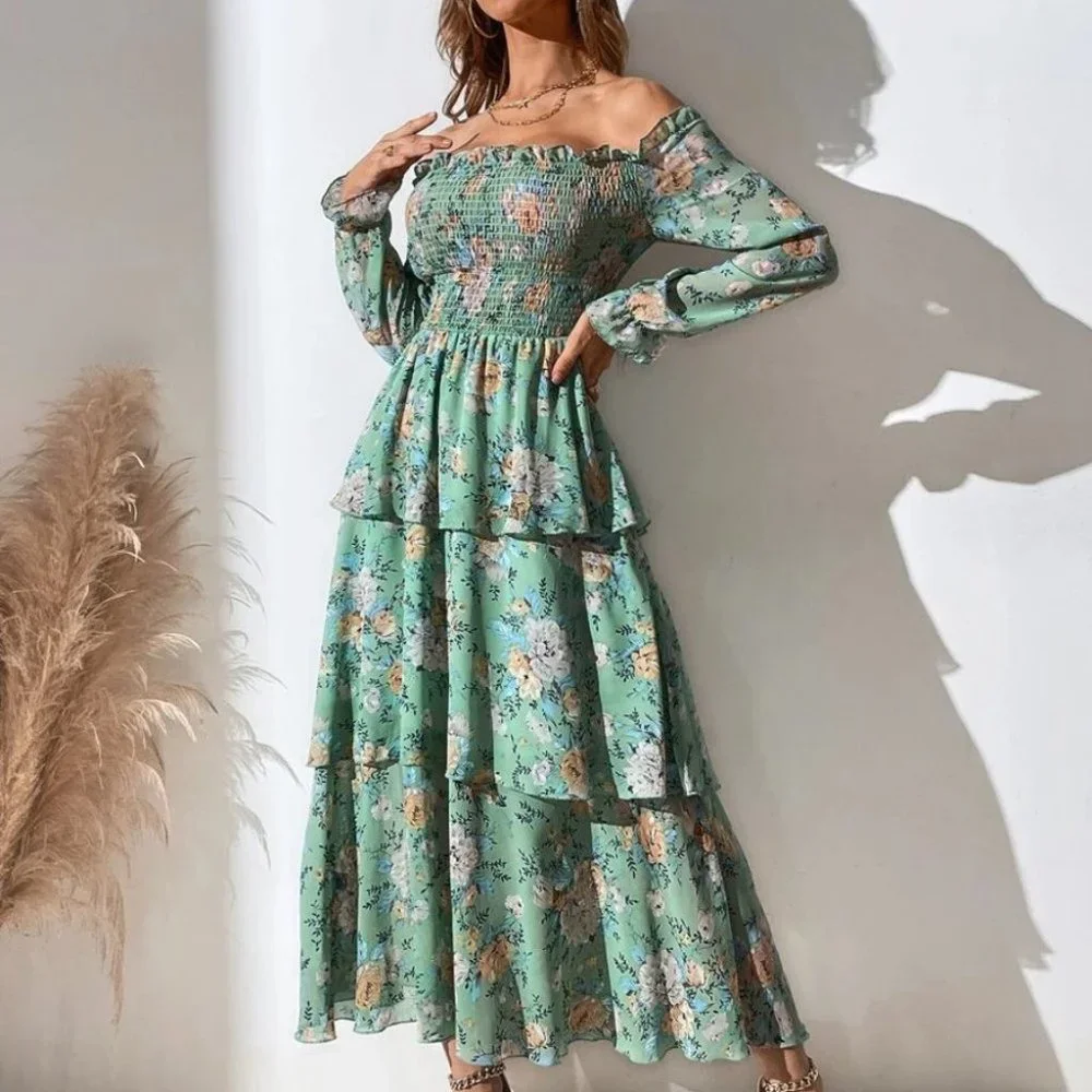 green Off The Shoulder Shirred Layered Hem Floral Printed Dress - Picture 5 of 8